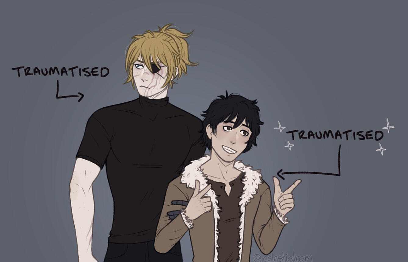 dark haired character belongs to @doctornarwhal.bsky.social